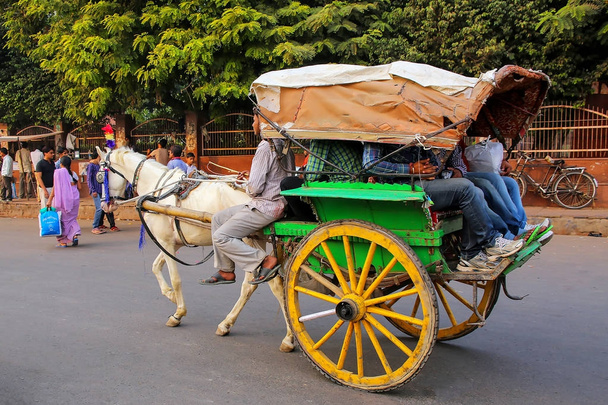 AGRA, INDIA - NOVEMBER 10: Unidentified people ride in a horse c - Zdjęcie, obraz