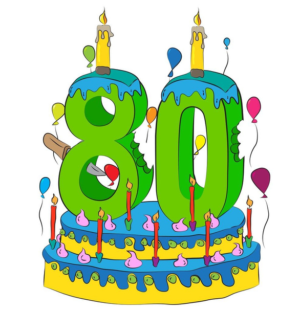 80 verjaardagstaart met nummer tachtig kaars, viert tachtigste jaar van het leven, kleurrijke ballonnen en chocolade Coating - Vector, afbeelding