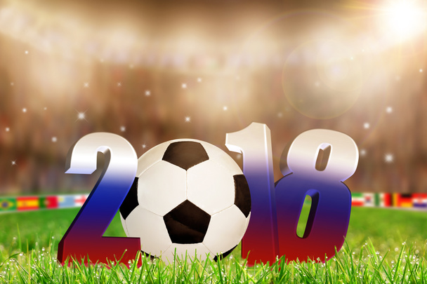 2018 футбол м'яч на полі, одягнені в російський прапор кольори - Фото, зображення