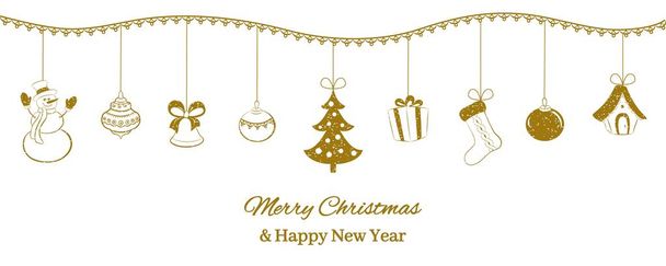 Feestelijke horizontale banner. Gouden kerst Hangers op een witte achtergrond. Sneeuwpop, bell, bal, boom, geschenk, sok, sprookje huis. Felicitatie inscriptie. Vectorillustratie - Vector, afbeelding