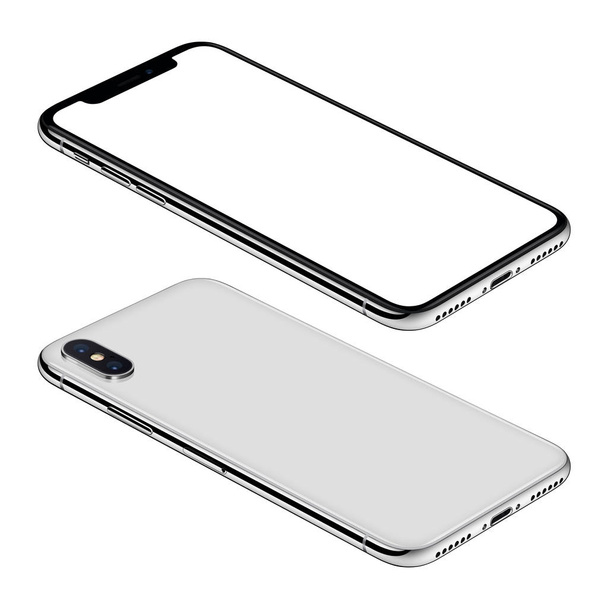 White smartphone similar to iPhone X mockup front and back sides isometric view CCW rotated lies on surface - Fotografie, Obrázek