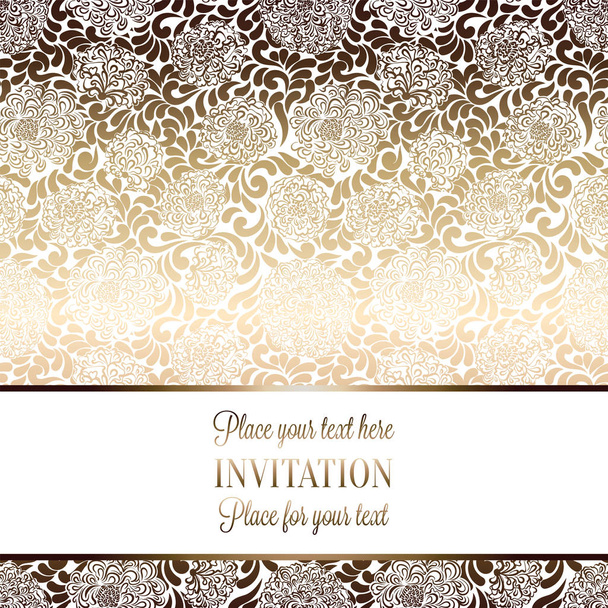 Intricate baroque luxury wedding invitation card, rich gold decor on beige background with frame and place for text, lacy foliage with shiny gradient. - Vector, Image