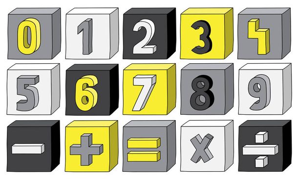 Numeri di colore giallo da 0 a 9 con operazioni matematiche su blocchi
 - Vettoriali, immagini