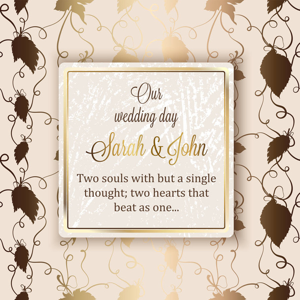 Intricate barroco cartão de convite de casamento de luxo, decoração de ouro rico em fundo bege com moldura e lugar para texto, folhagem rendada com gradiente brilhante
. - Vetor, Imagem