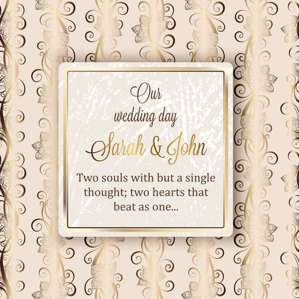 Intricate barroco cartão de convite de casamento de luxo, decoração de ouro rico em fundo bege com moldura e lugar para texto, folhagem rendada com gradiente brilhante
. - Vetor, Imagem