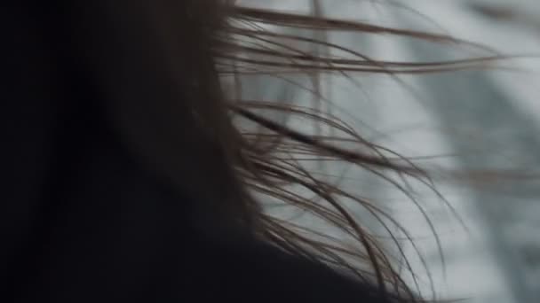 Hair movement in wind closeup. Close up woman with dark hair. Winter fashion concept. - Footage, Video