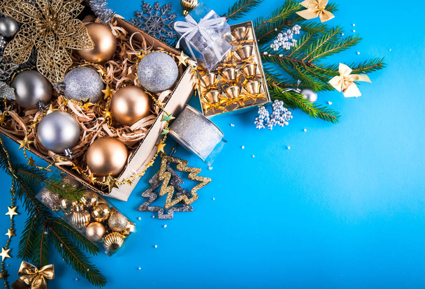 Christmas decorations on blue background - Photo, Image