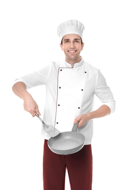 male chef with frying pan and spatula - Φωτογραφία, εικόνα
