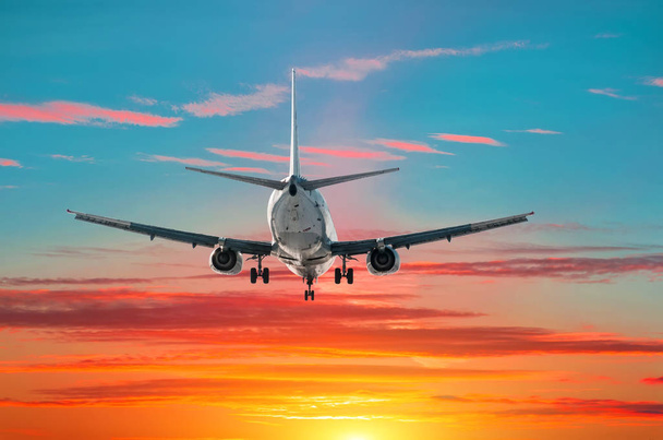 Passagier vliegtuig vliegt landing bij zonsondergang op de achtergrond van blauwe groene gradiënt en rode lucht. - Foto, afbeelding
