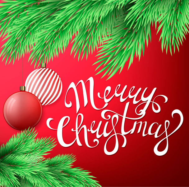 Χαρούμενα Χριστούγεννα καρτ-ποστάλ με υποκατάστημα δέντρο έλατου, Χριστούγεννα παιχνίδι δια - Διάνυσμα, εικόνα