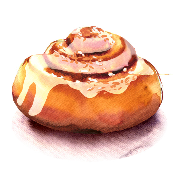 Rouleaux de cannelle maison frais, pain sucré, dessert isolé, illustration aquarelle sur blanc
 - Photo, image