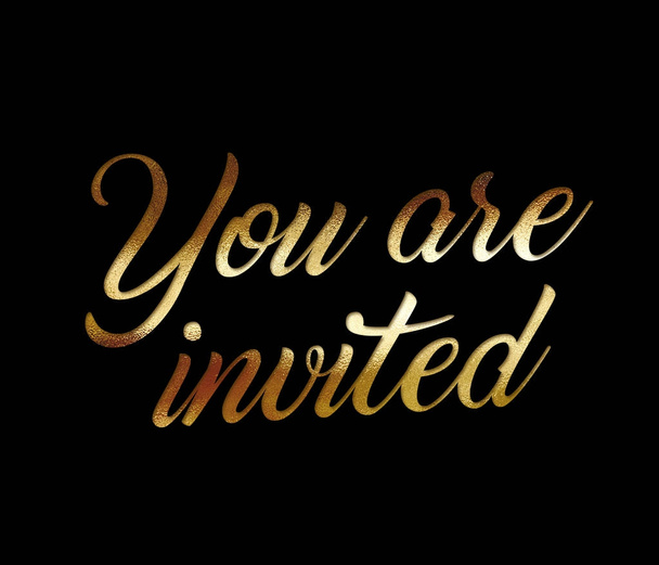 Golden glitter isolated hand writing word YOU ARE INVITED - Photo, Image