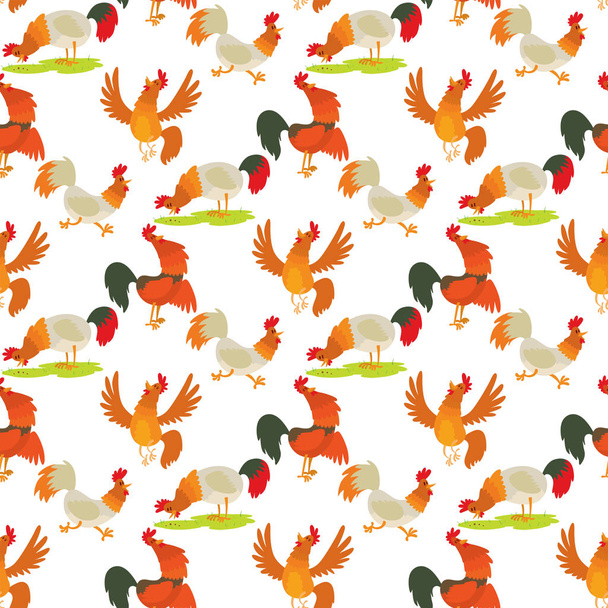 Cute cartoon rooster vector illustration chicken farm animal agriculture domestic character seamless pattern background - Vector, Image