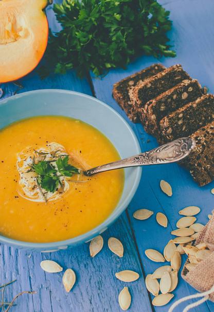 Pumpkin soup with cream and seeds - Photo, image