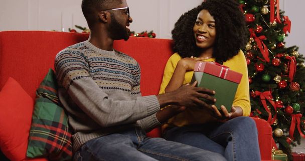 Young African American couple in love sitting on the red couch in the cozy Christmas decorated room with a nice Christmas tree behind them. Handsome man handed Christmas present to his girlfriend and - Foto, Bild