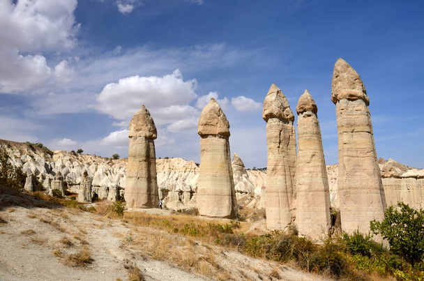 Famous Cappadocian landmark - stone "phalluses",unique volcanic rock pillars,Love Valley,Turkey,Central Anantolia,Europe - Φωτογραφία, εικόνα