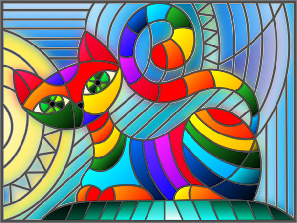 Illustration in stained glass style with abstract geometric cat - Vector, Image