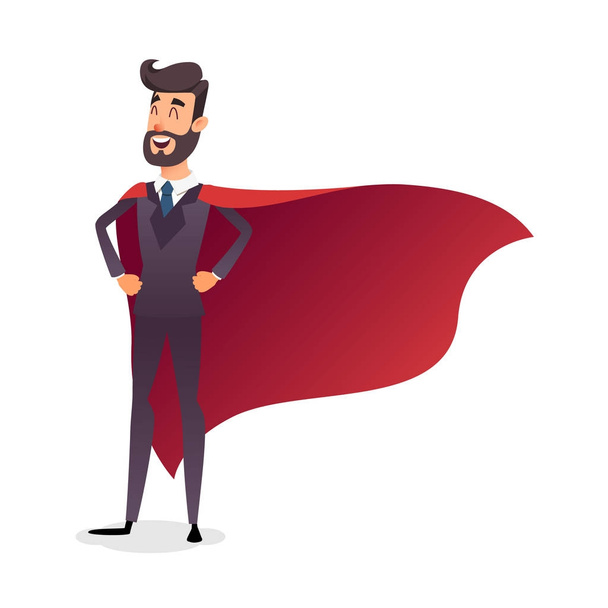 Cartoon superhero standing with cape waving in the wind. Successful happy hero businessman. Concept of success, leadership and victory in business. Young entrepreneur in a superman s cloak. - Photo, Image