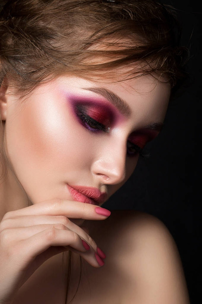 Closeup portrait of young beautiful woman with bright pink makeu - Photo, image