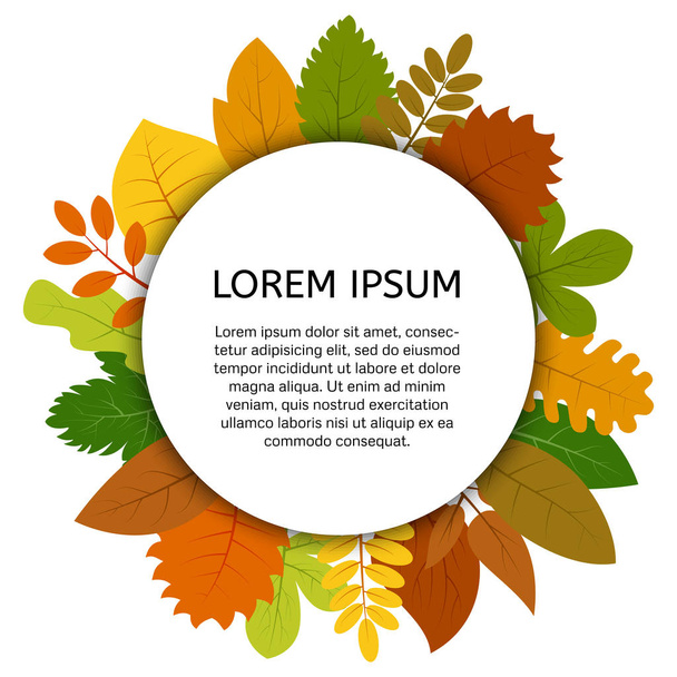 Colorful autumn leaves under white round label - Vector, Image