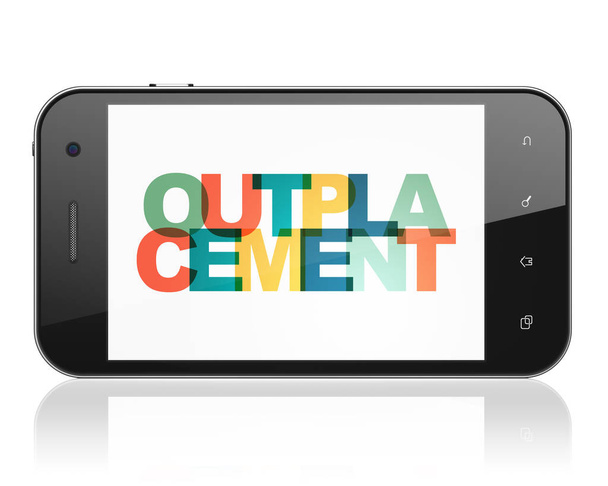 Concetto di finanza: Smartphone con Outplacement in mostra
 - Foto, immagini