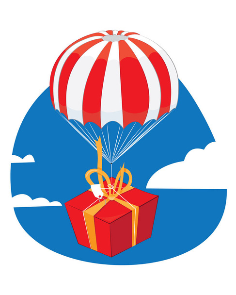 um desenho animado vetorial representando um presente vermelho com uma fita amarela pousando do céu com um paraquedas vermelho e branco engraçado - conceito de entrega atual
 - Vetor, Imagem