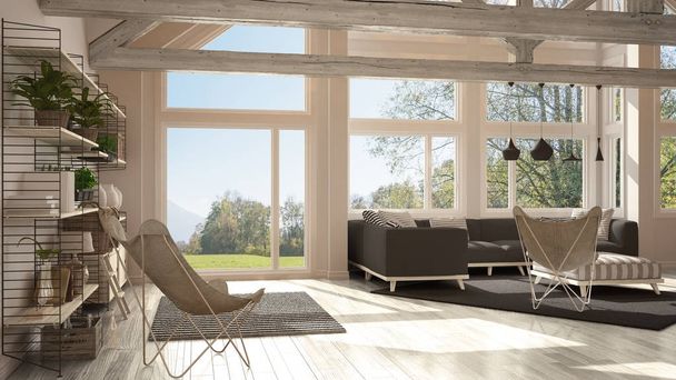 Obývací pokoj luxusní eco house, parketové podlahy a dřevěné střešní t - Fotografie, Obrázek