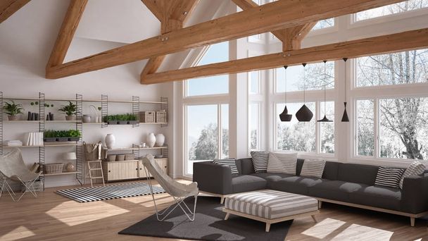 Sala de estar de luxo eco casa, piso em parquet e telhado de madeira t
 - Foto, Imagem