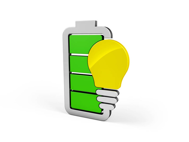 Baterii z żółta żarówka - koncepcja energii eco. ilustracja 3D - Zdjęcie, obraz