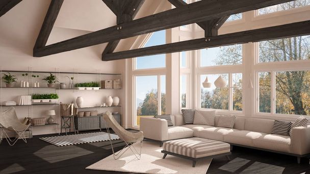 Obývací pokoj luxusní eco house, parketové podlahy a dřevěné střešní t - Fotografie, Obrázek
