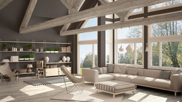 Sala de estar de luxo eco casa, piso em parquet e telhado de madeira t
 - Foto, Imagem