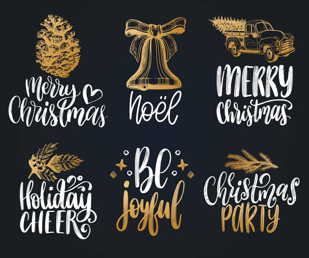 Set of hand written Christmas phrases on black background. Vector hand drawn illustrations of New Year toys and Nativity symbols for greeting card concepts, poster templates.  - ベクター画像