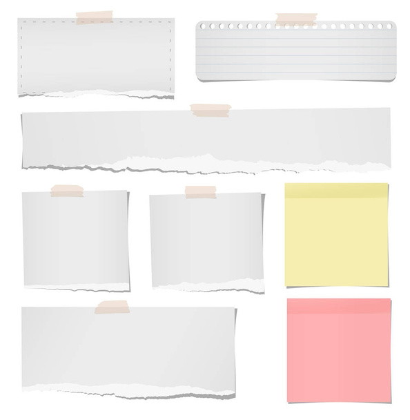 Pencil and torn ruled, blank note, notebook, paper sheets for text or message stuck with sticky tape on white background. - Vector, Image