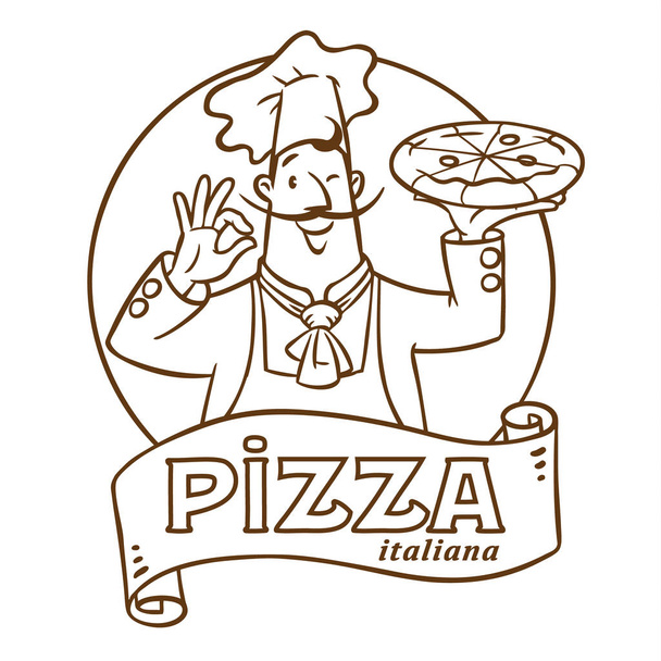 Pizzalı komik İtalyan şef. Amblem tasarımı - Vektör, Görsel