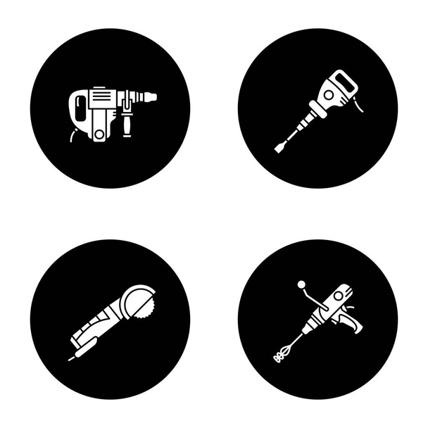 Construction tools glyph icons set. Angle grinder machine, perforator, paving breaker, hand held cement mixer. Vector white silhouettes illustrations in black circles - Vektör, Görsel