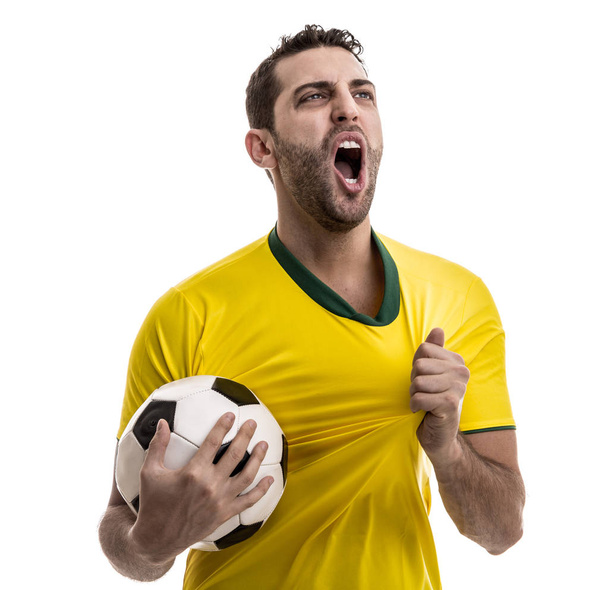 Brazilian fan celebrating on white background - Foto, imagen