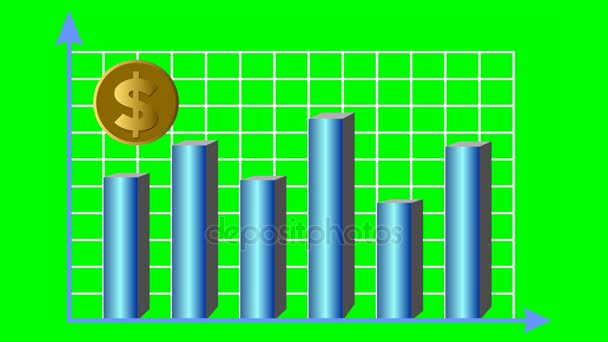 American dollar fictive gold coin moving within chart. Finance, stock exchange, banking, economy, currency symbol animation on green screen - Footage, Video