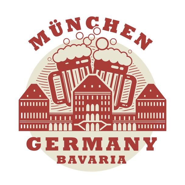 Stamp with beer mugs and words Munchen, Bavaria - Вектор, зображення