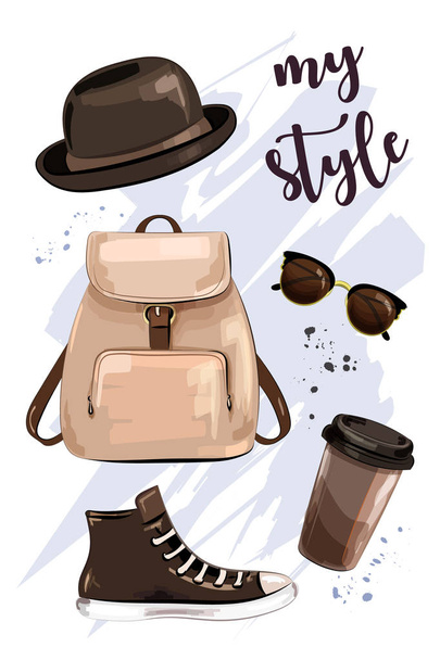 Stylish outfit. Hand drawn set with hat, bag pack, shoe, sunglasses and coffee cup. Fashion accessories and clothes. Sketch. Vector illustration.  - Vector, afbeelding