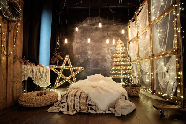 christmas studio decoration with vintage lightbulbs, wooden star - Photo, Image