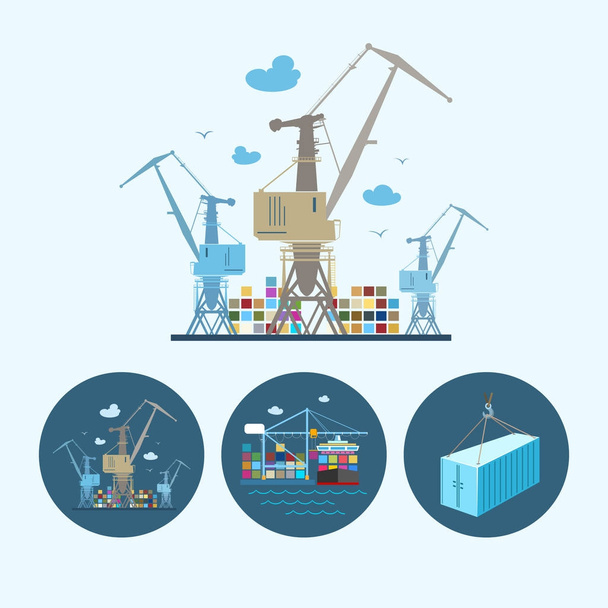 Cranes with container in dock - Vector, Image