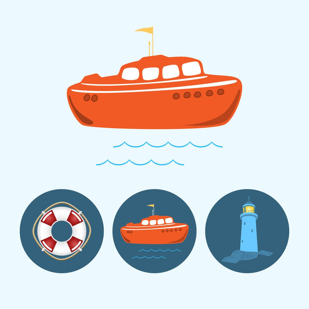 Set Icons mit farbigem Boot, Rettungsboje - Vektor, Bild