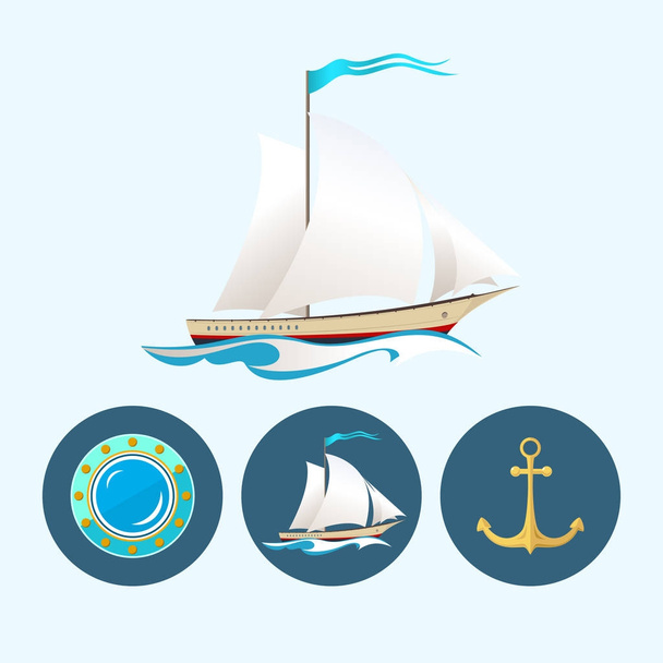Set icons with sailing vessel, anchor, porthole - Вектор,изображение