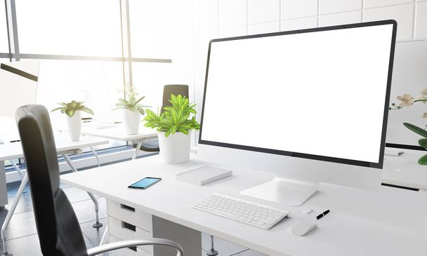 ordenador con pantalla blanca en blanco, moderno lugar de trabajo de oficina, representación 3d
  - Foto, Imagen