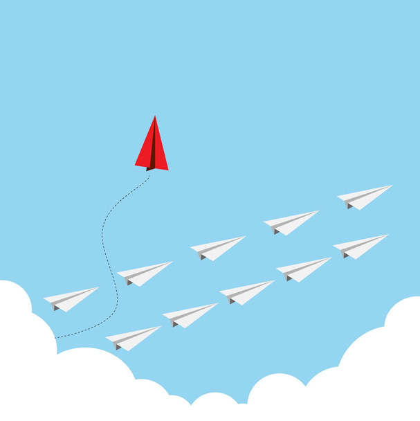 白い飛行機、リーダーシップ、チームワークの概念で赤い紙飛行機のベクトル. - ベクター画像