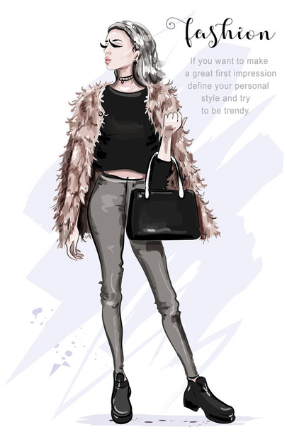Beautiful young woman in fashion clothes: faux fur jacket, jeans, crop top. Stylish woman with bag. Fashion lady. Sketch.  - Vektor, Bild
