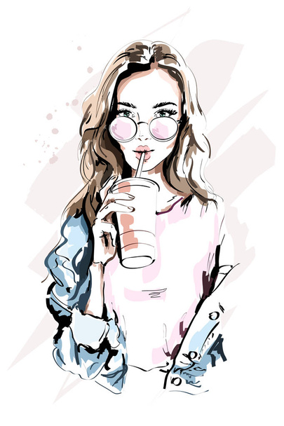 Hand drawn beautiful young woman portrait. Fashion girl with coffee cup. Stylish woman in sunglasses. Sketch.  - Вектор,изображение