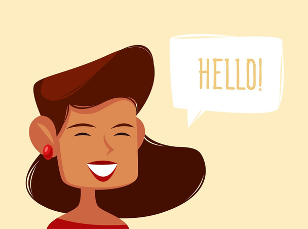 Sweet girl with dark hair in red clothes saying hello. Vector cartoon illustration. Character - Vector, Image