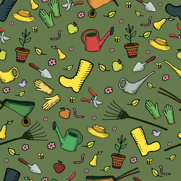 Värikäs hauska sarjakuva puutarha saumaton kuvio, vihreällä backg
 - Vektori, kuva