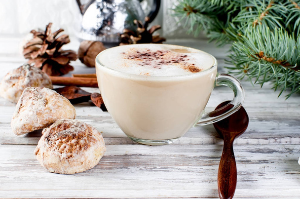 Christmas coffee with milk, spice or hot  cocoa, pine cones  - Photo, Image